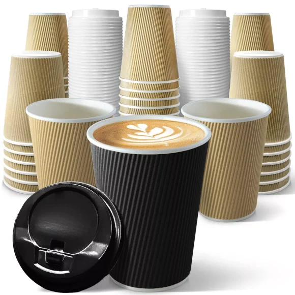 100 Disposable Cup 8oz 12oz 16oz Ripple Coffee Cup Hot Drink Paper